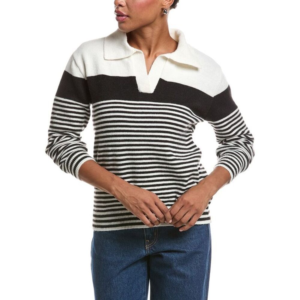 Joseph A. Womens  Stripe Johnny Collar Sweater, Black